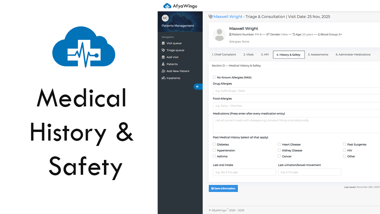 How to Record Patient Medical History & Safety Section in AfyaWingu (Allergies, Medications, Past Medical History Guide)