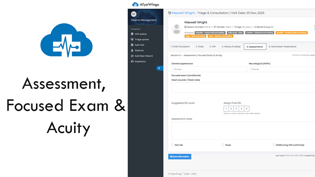 How to Record Clinical Assessments in AfyaWingu (General Appearance, AVPU, ESI Triage Guide)